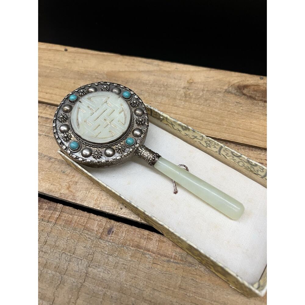 Antique Chinese Jade And Turquoise Hand Mirror From The 19th Or 20th Century